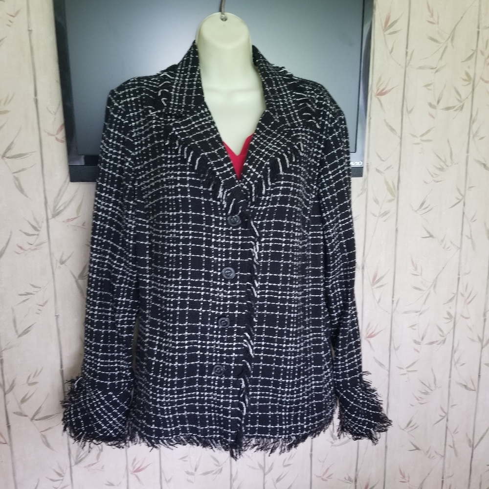 Apparenza Black White Tweed Frayed Hem Blazer Jacket Large Preppy Office